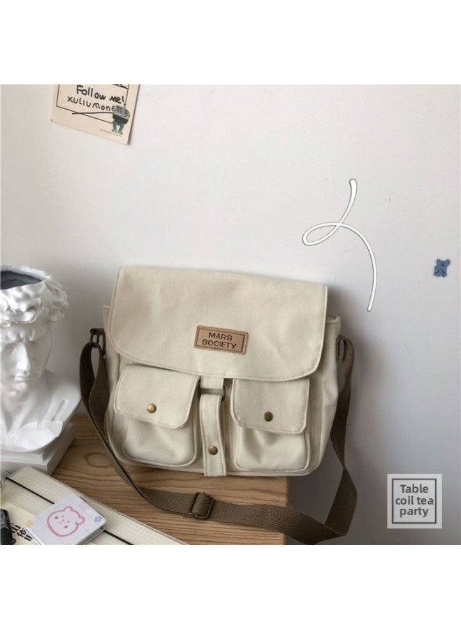 Backpack Female South Korea Ins Student Large Capacity Shoulder Messenger Bag Men's Japanese Harajuku Retro Tooling Messenger Bag Fashion-Color:Beige High Quality Canvas, Bag + Dull Dragon - Image 1